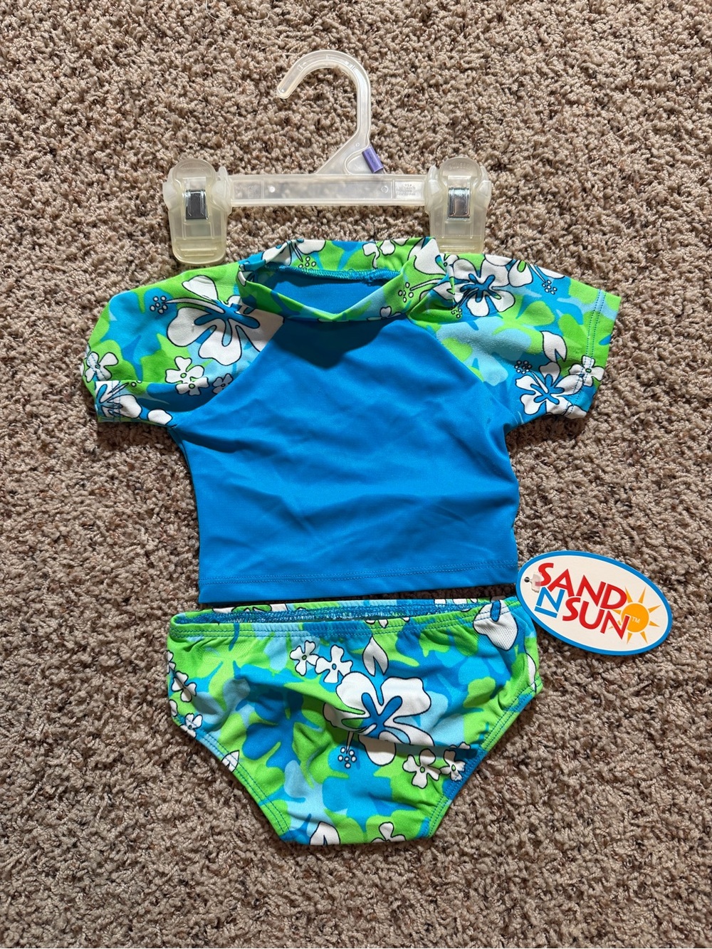 NWT Sand N Sun Baby 12M 2 Pc Rash Guard Swimsuit Set Blue Tropical Floral UPF